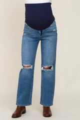 Blue Distressed Knee Straight Maternity Jeans