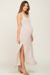 Beige Soft Knit Sleeveless Maternity Maxi Dress