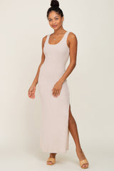 Beige Soft Knit Sleeveless Maternity Maxi Dress