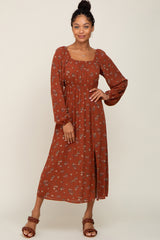 Rust Floral Long Sleeve Slit Maternity Dress