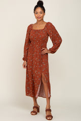 Rust Floral Long Sleeve Slit Dress