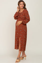 Rust Floral Long Sleeve Slit Maternity Dress