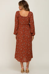 Rust Floral Long Sleeve Slit Maternity Dress