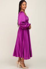 Purple Satin Pleated Midi Dress