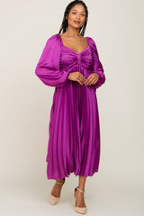 Purple Satin Pleated Midi Dress