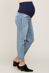 Light Blue Distressed Cuffed Hem Maternity Jeans