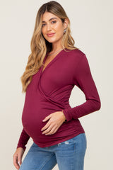 Dark Burgundy Long Sleeve Wrap Maternity Nursing Top