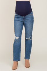 Blue Medium Wash Distressed Straight Maternity Jean