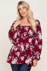 Burgundy Floral Smocked Long Sleeve Blouse