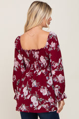 Burgundy Floral Smocked Long Sleeve Blouse