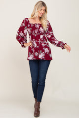 Burgundy Floral Smocked Long Sleeve Blouse