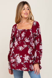 Burgundy Floral Smocked Long Sleeve Maternity Blouse