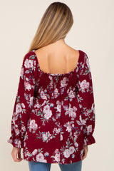 Burgundy Floral Smocked Long Sleeve Maternity Blouse