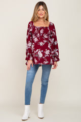 Burgundy Floral Smocked Long Sleeve Maternity Blouse