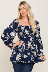 Navy Floral Smocked Long Sleeve Blouse