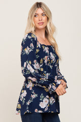 Navy Floral Smocked Long Sleeve Blouse