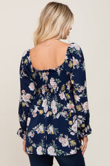 Navy Floral Smocked Long Sleeve Blouse