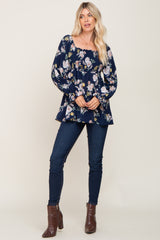 Navy Floral Smocked Long Sleeve Blouse