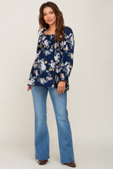 Navy Floral Smocked Long Sleeve Maternity Blouse