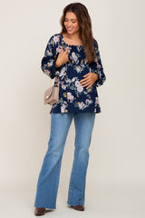 Navy Floral Smocked Long Sleeve Maternity Blouse