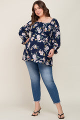 Navy Floral Smocked Long Sleeve Maternity Plus Blouse