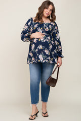 Navy Floral Smocked Long Sleeve Maternity Plus Blouse