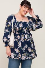 Navy Floral Smocked Long Sleeve Maternity Plus Blouse