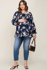 Navy Floral Smocked Long Sleeve Maternity Plus Blouse