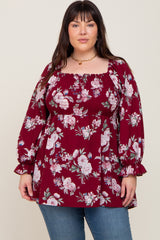 Burgundy Floral Smocked Long Sleeve Plus Blouse