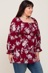 Burgundy Floral Smocked Long Sleeve Plus Blouse