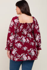 Burgundy Floral Smocked Long Sleeve Plus Blouse