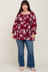 Burgundy Floral Smocked Long Sleeve Plus Blouse