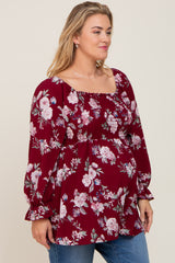 Burgundy Floral Smocked Long Sleeve Maternity Plus Blouse