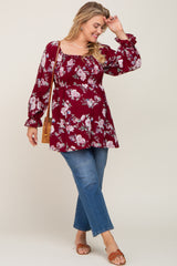 Burgundy Floral Smocked Long Sleeve Maternity Plus Blouse