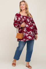 Burgundy Floral Smocked Long Sleeve Maternity Plus Blouse