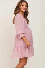 Pink Metallic Stripe Smocked Maternity Dress