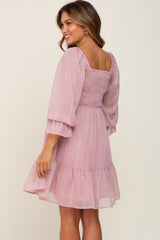 Pink Metallic Stripe Smocked Maternity Dress