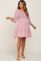 Pink Metallic Stripe Smocked Maternity Dress