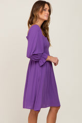 Purple Smocked 3/4 Sleeve Dress