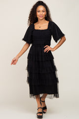 Black Dot Smocked Ruffle Tiered Midi Dress