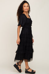 Black Dot Smocked Ruffle Tiered Midi Dress