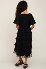 Black Dot Smocked Ruffle Tiered Midi Dress