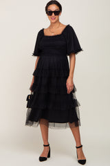 Black Dot Smocked Ruffle Tiered Maternity Midi Dress