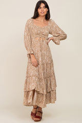 Beige Floral Cutout Smocked Tiered Maxi Dress