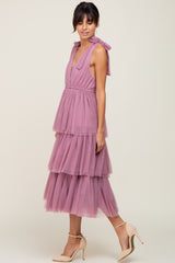 Mauve Sleeveless Tiered Tie Strap Tulle Midi Dress