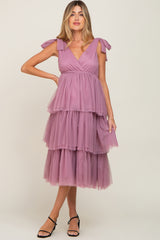 Mauve Sleeveless Tiered Tie Strap Tulle Maternity Midi Dress