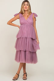 Mauve Sleeveless Tiered Tie Strap Tulle Maternity Midi Dress