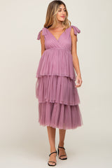 Mauve Sleeveless Tiered Tie Strap Tulle Maternity Midi Dress