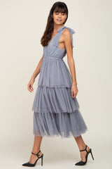 Light Blue Sleeveless Tiered Tie Strap Tulle Midi Dress