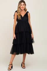 Black Sleeveless Tiered Tie Strap Tulle Maternity Midi Dress